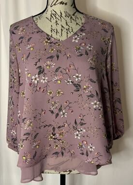 LC Lauren Conrad Floral Blouse Purple Lace Back 3/4 Sleeve Boho Women’s Small